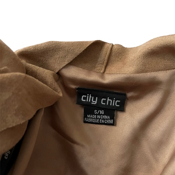 City Chic Stone Brown Tan Faux Suede Fringe Open Front Jacket 16 - Picture 3 of 3
